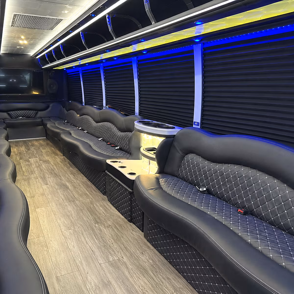 Wedding guests seated inside a party bus serving Plano